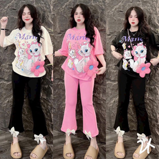 SET ĐỒ BỘ,Đồ bộ nữ Thun Gân tăm in 3D họa tiết Mèo quần loe Big size Có size Lớn đồ mặc nhà thời trang _Xưởng May Thu Lê