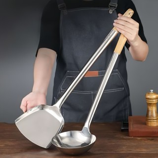 Muôi Muỗng Xẻng cán gỗ va inox công nghiệp , Bộ Muỗng Inox Phục Vụ Bếp Ăn Công Nghiệp Nhà Hàng vá thợ xào