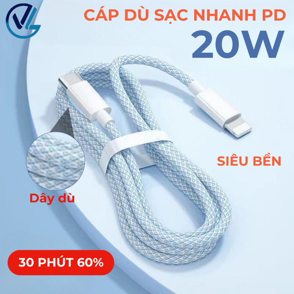 Dây Sạc Nhanh PD20W, Cáp Dù Bện Lưới Chống Đứt Gẫy Cho ip, Cam Kết Không Loạn Cảm Ứng Bảo Hành 1 Năm Việt Linh Store