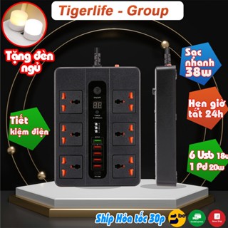 Ổ cắm điện cao cấp Tigerlife PKL11 6 Có hẹn giờ Ổ cắm 5 Cổng usb sạc nhanh 1 Cổng sạc PD 20w Chịu tải 3000W