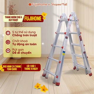 Thang nhôm gấp trượt chữ A 4M- 5.1M Nhập Khẩu đa năng chống trượt, thang rút  trượt 5 bậc có khóa chốt tự động an toàn