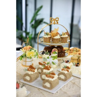 Khay Bánh Nơ 2 Tầng Gold Để Bánh Kẹo, Hoa Quả Bày Trí Tiệc Ngọt TeaBreak, Tiệc Khai Trương