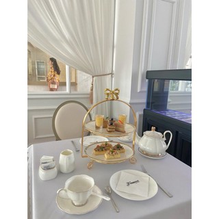 Khay Bánh Nơ 2 Tầng Gold Để Bánh Kẹo, Hoa Quả Bày Trí Tiệc Ngọt TeaBreak, Tiệc Khai Trương