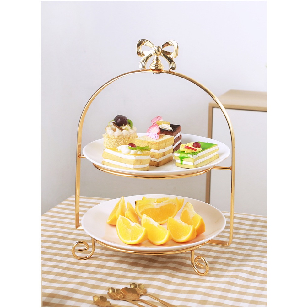 Khay Bánh Nơ 2 Tầng Gold Để Bánh Kẹo, Hoa Quả Bày Trí Tiệc Ngọt TeaBreak, Tiệc Khai Trương
