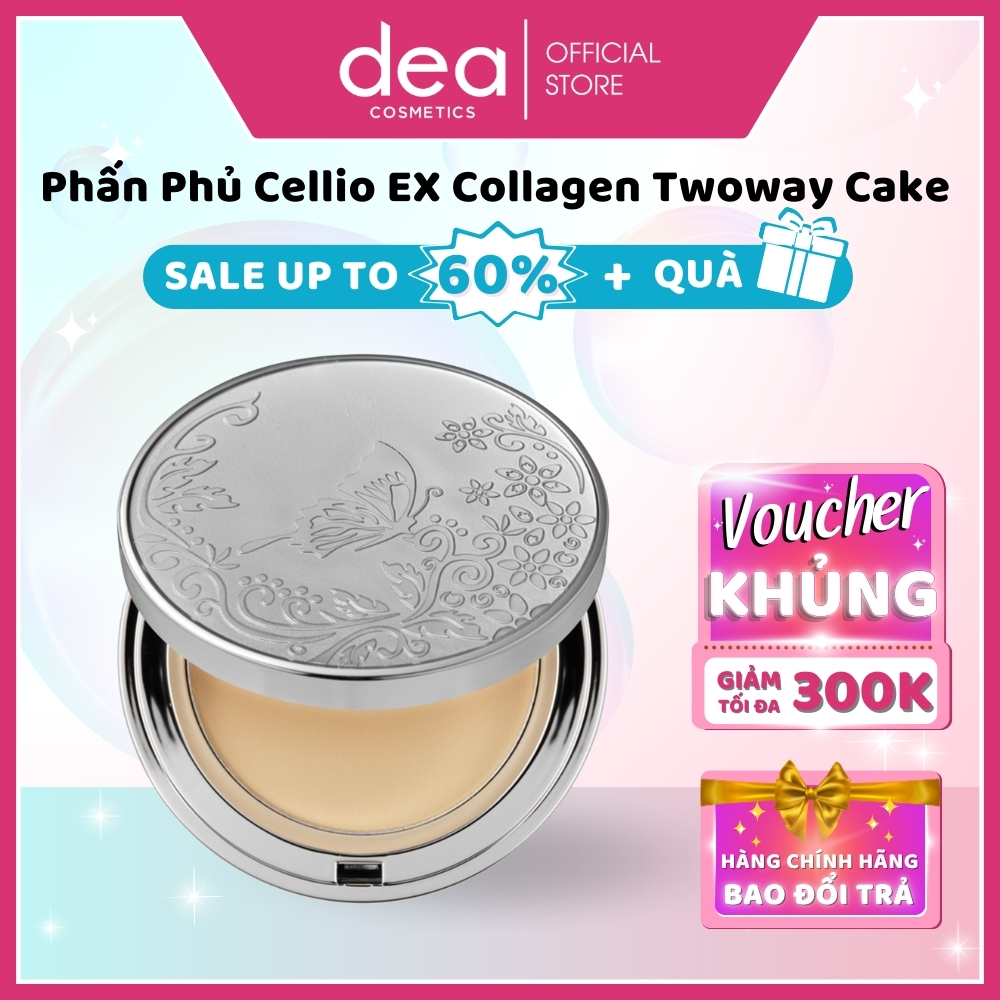 Phấn Phủ Cellio EX Collagen Twoway Cake (Hộp trắng+Tặng kèm lõi)