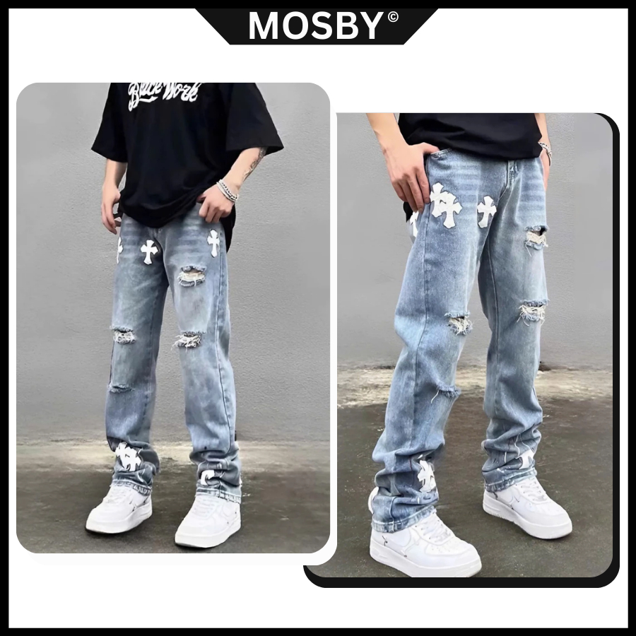 [CÓ VIDEO] MOSBY | Quần jeans xanh basic Chromevibe A5 – Thêu cross form oversize – MJ-A5