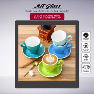 Bộ ly cốc sứ cappuccino 180ml kèm đĩa - Nhiều màu sang trọng, ly uống cafe nóng, tách uống trà