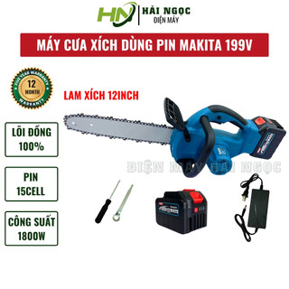  Máy cưa xích pin cầm tay MAKITA KHÔNG CHỔI THAN 199V cưa gỗ cầm tay pin 15cell bảo hành 12 tháng 