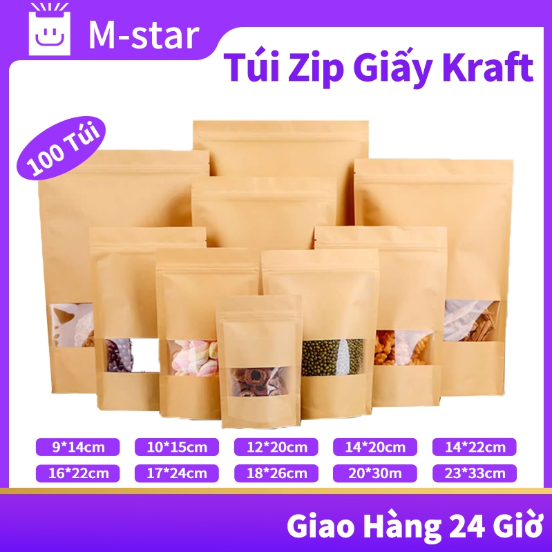 100 Túi zip giấy kraft đựng thực phẩm 1kg Túi zip giấy kraft có cửa sổ đáy đứng