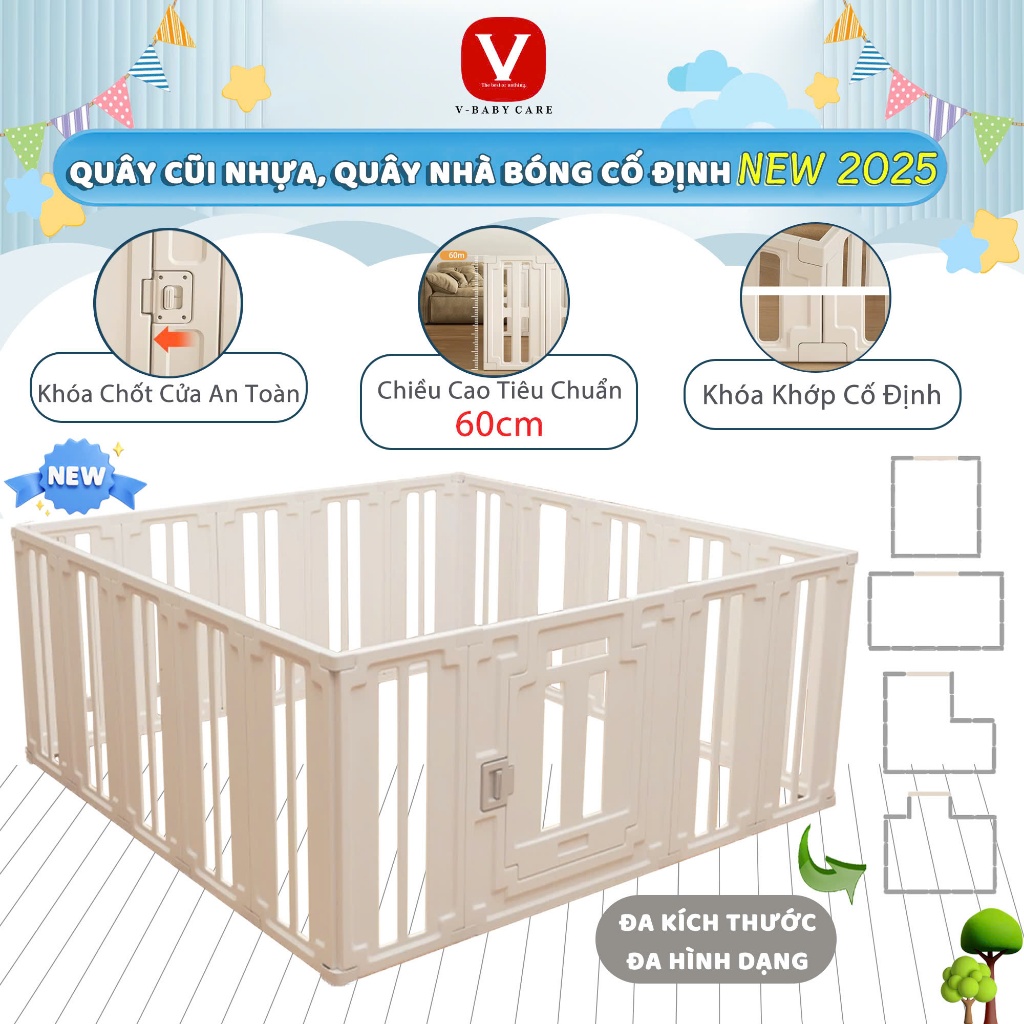 [Mẫu Mới] Quây Cũi Cho Bé, Nhà Banh Nhựa Cố Định Chắc Chắn Cho Bé V-BABY 2026
