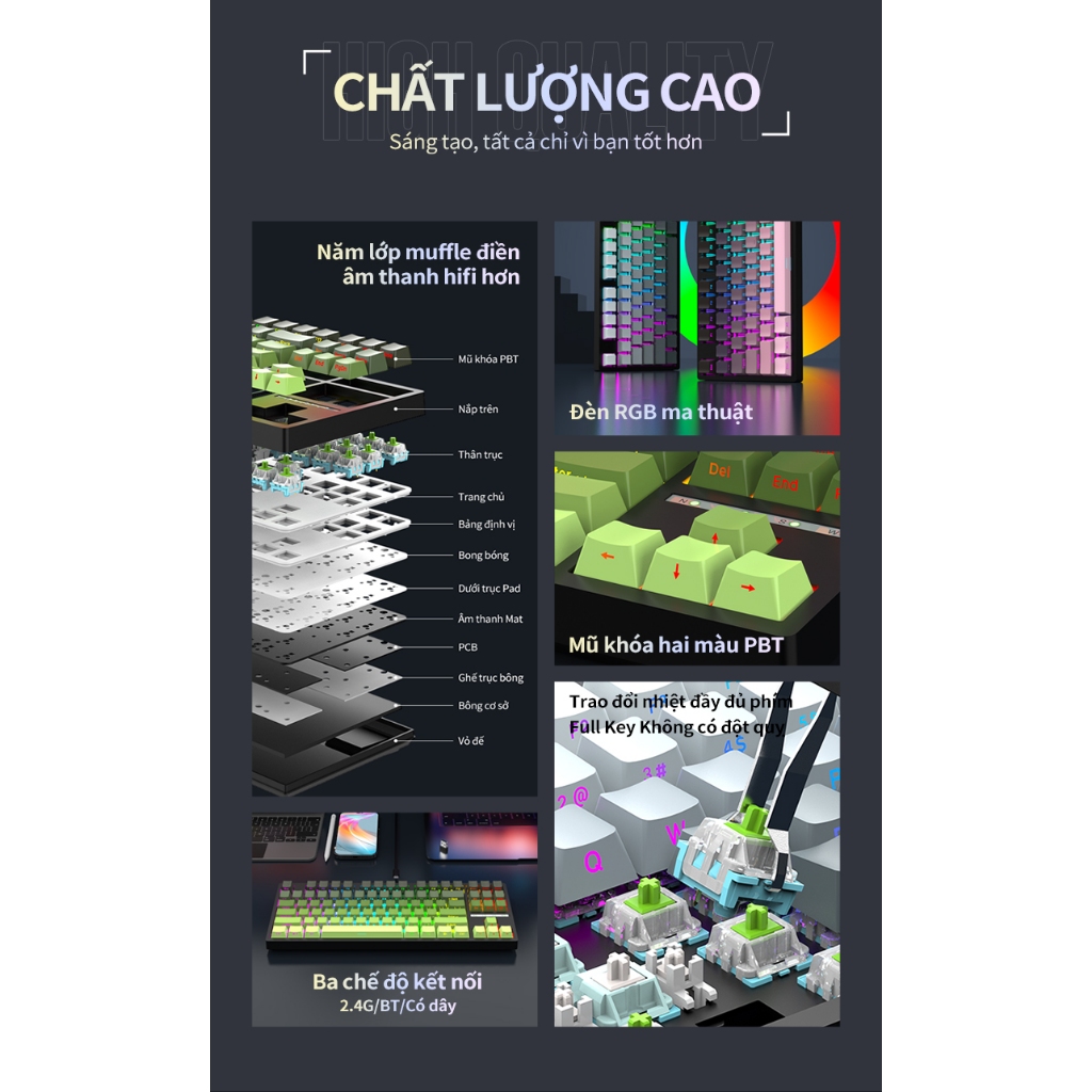 Bàn phím cơ không dây Leaven K88 - 3 mode kết nối - Led RGB - Full foam - Hỗ trợ app tùy chỉnh | BigBuy360 - bigbuy360.vn