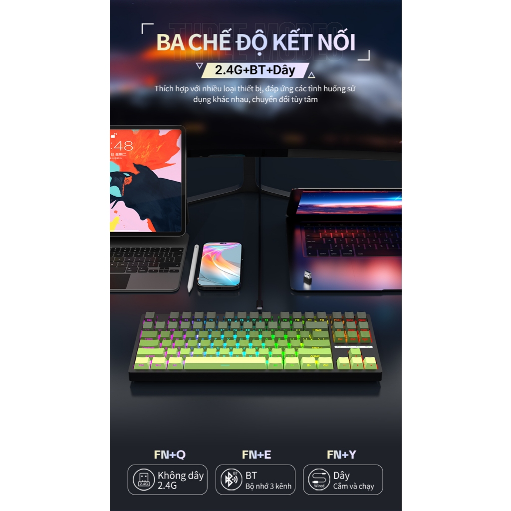 Bàn phím cơ không dây Leaven K88 - 3 mode kết nối - Led RGB - Full foam - Hỗ trợ app tùy chỉnh | BigBuy360 - bigbuy360.vn