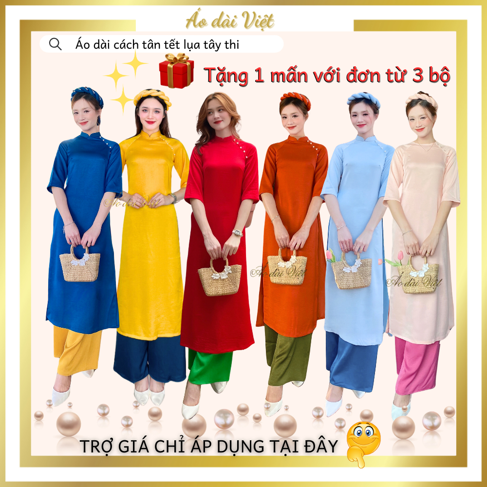 Áo dài cách tân 2025 nữ dáng suông hội nhóm màu đỏ cam vàng xanh hồng trơn cao cấp may sẵn