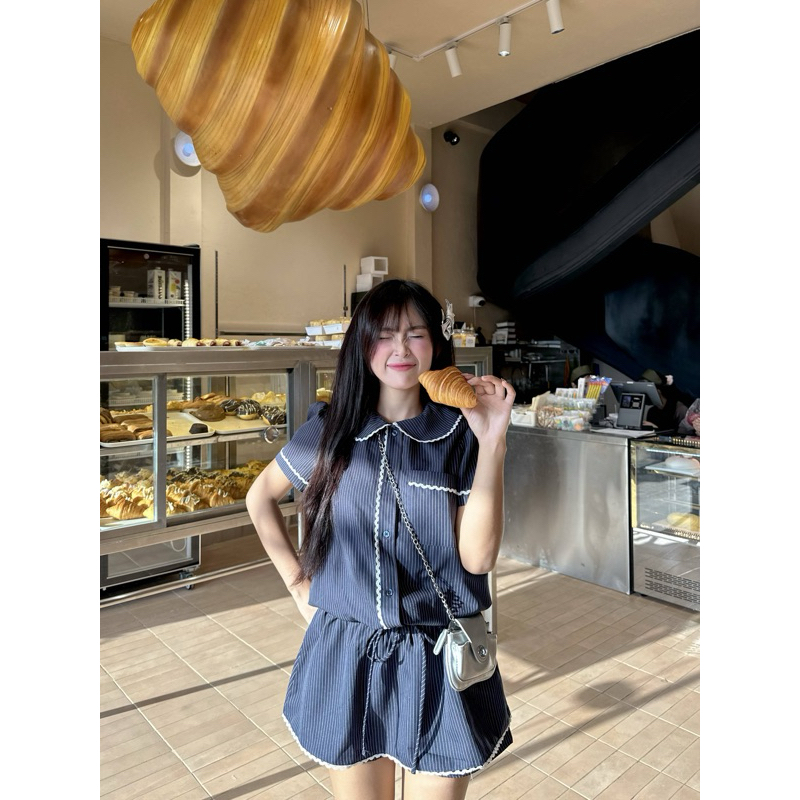 [2m.studio] Naomi set đầm tiểu thư cổ tiên phối ren sọc xanh đen DS1