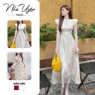 Đầm thiết kế tiểu thư nhẹ nhang, tinh khôi cho các nàng bèo chụp ảnh,đầm tơ nến tay bồng dáng xòe dài IN hoa - NHÃ UYÊN