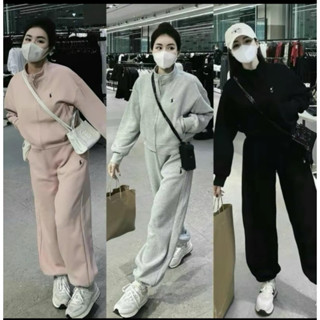 Set Bộ Đồ Nữ Áo Khoác Dài Tay Khóa Kéo Chất Nỉ Hình Thêu Ngựa Mix Quần Dài Ống Rộng ( Xám tiêu)