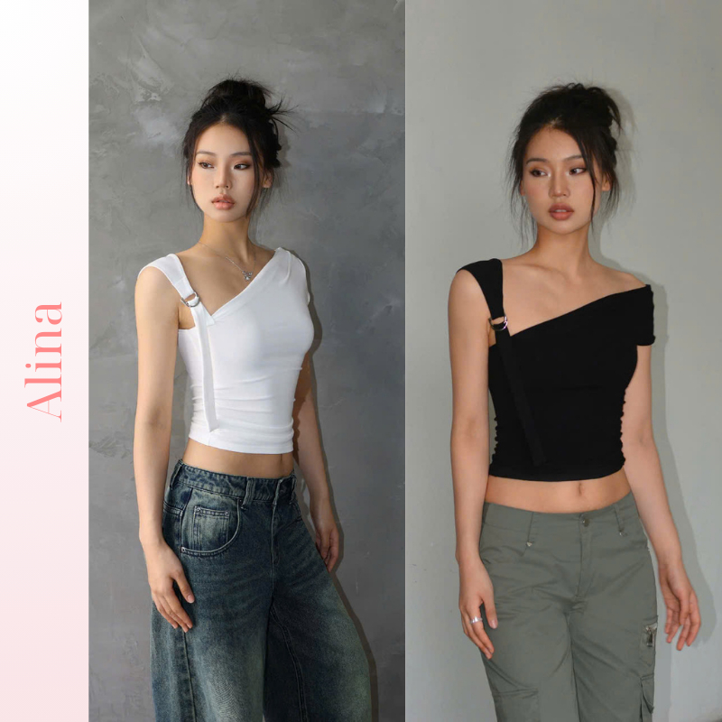 Áo thun nữ trễ vai dáng croptop form ôm Áo croptop nữ vai chéo co giãn bigsize phong cách đường phố 
