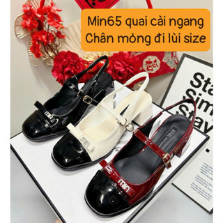   Lùi size  Sandal Cao gót nữ vuông hở gót da bóng phối màu Sandal nữ quai cài ngang phối nơ chữ Miu gót 5cm nhiều m 