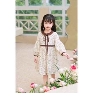 Váy bé gái Valley dài tay cổ nơ chất cotton dày giữ ấm màu be nâu - Laglace