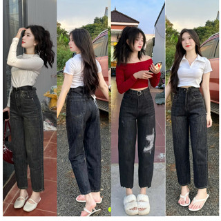 Quần Baggy Jean (Thêu sau chữ M) Lưng cạp cao, Ống suông vải Jean loại 1