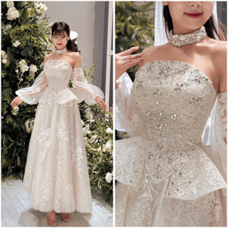  Váy Đầm Cưới Cô Dâu Cúp Ngực Nhũ Kim Tuyến Tùng Xoè Đính Ren Hoa Thêu Xinh Xắn V832 Size SML AĐ BOUTIQUE 