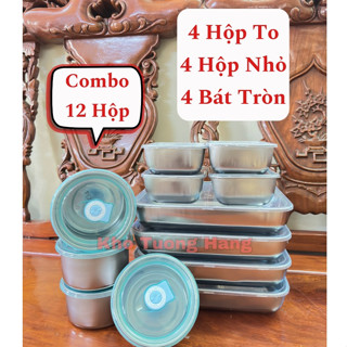 COMBO 12 Hộp Đựng Thực Phẩm Inox Gồm 4 hộp Đại 25x20x6 - 4 hộp tròn 10x6 - 4 hộp nhỏ 13.5x10.5x6 Kèm Nắp Đậy
