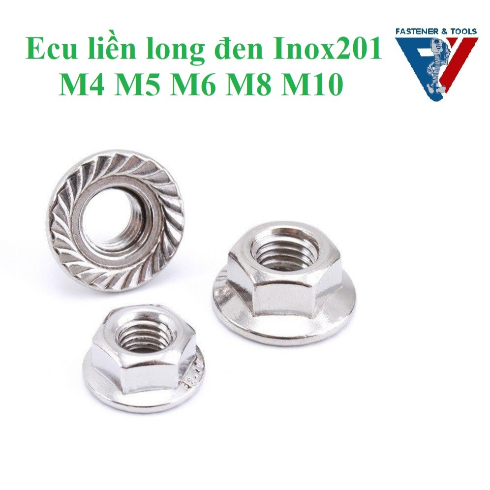 (INOX201) 50 cái M4,M5, M6, M8,M10 Đai ốc liền long đen, ecu liền vành Inox201 M4-M10
