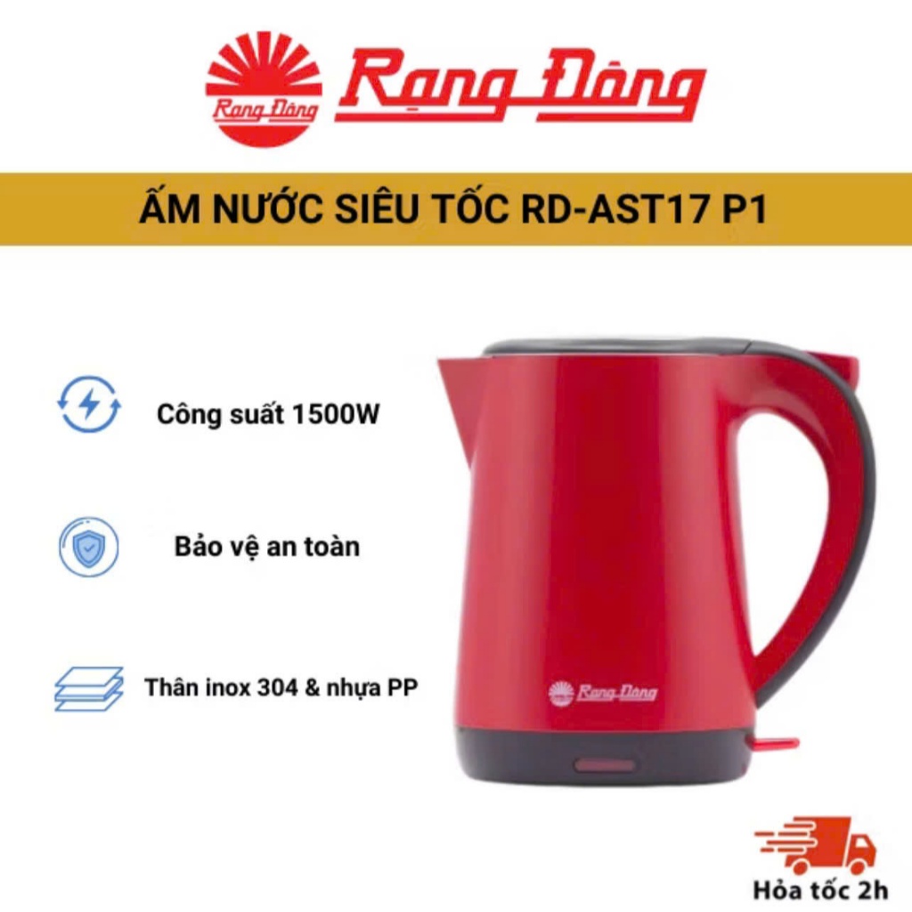 Ấm đun nước siêu tốc Rạng Đông - Dung tích 1.7L, công suất 1500W - Đun nước nhanh chóng và dễ dàng