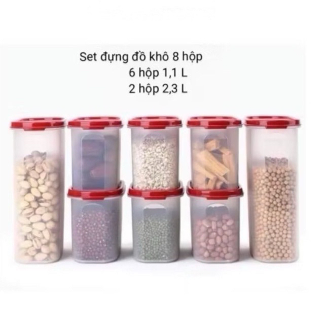 SẴN SET 8 HỘP TUPPERWARE ĐỰNG ĐỒ KHÔ