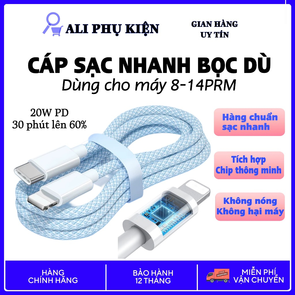 Cáp sạc nhanh bọc dù PD cho phone 8 đến 14PRM dây sạc nhanh dài 1m 1.5m 2m