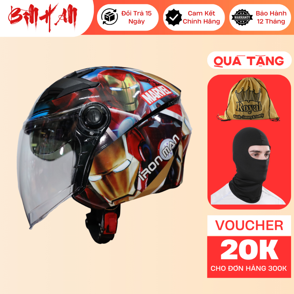 Mũ Bảo Hiểm Royal M268 3/4 Nón Bảo Hiểm 2 Kính Lên Tem IRON MAN Chính Hãng