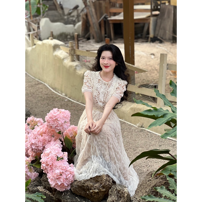 Hạnh sino.97 Váy ren phối lưới mới, cúc đá sang chảnh dành cho nữ - Women