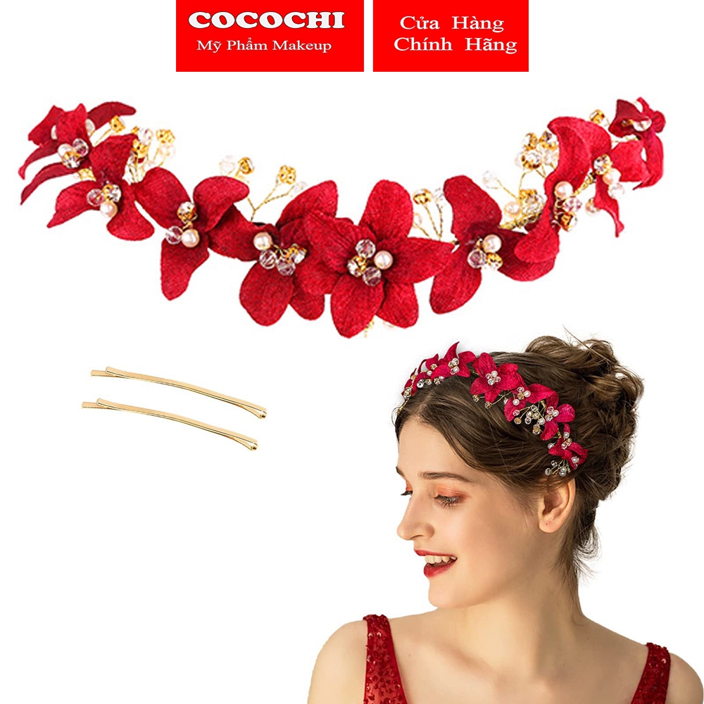 Hoa cài tóc cô dâu màu đỏ, phụ kiện cài tóc cô dâu ngày cưới