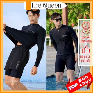 Đồ bơi nam Size M - 3XL đi biển màu đen Mr Swim áo dài tay & ngắn tay phối khóa kéo kín đáo quần đùi 2 lớp thể thao 039