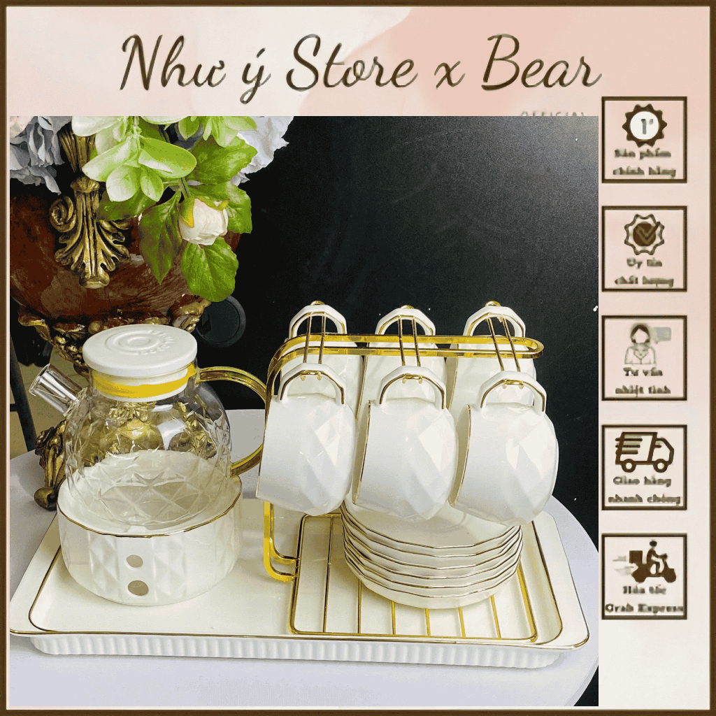 Bộ ấm chén kèm khay sứ pha trà hoa sứ xương cao cấp màu trắng viền vàng hoa hồng nổi có đế đun nến g