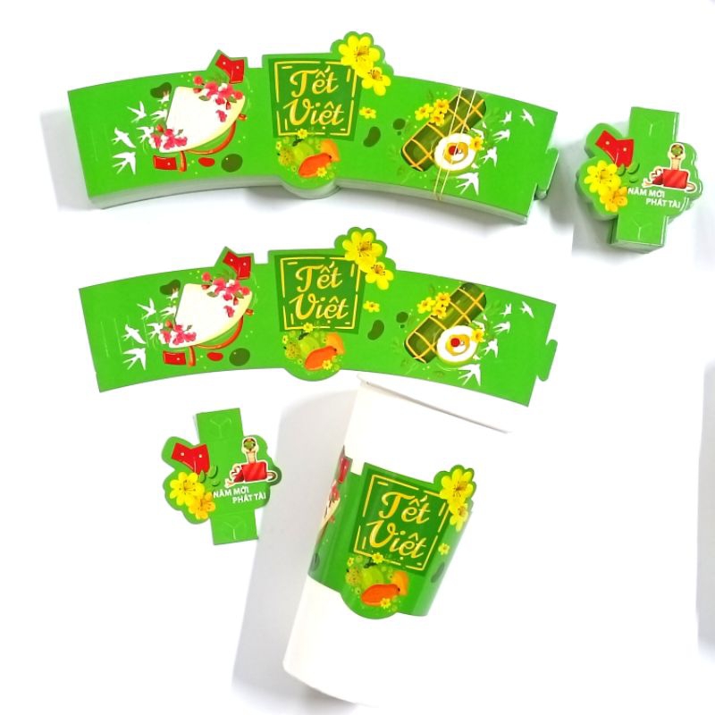 MẪU COVER TẾT 2025 - SET 200 Cái cover + tag trang trí tết, có 6 nấc cài, dùng được 40 loại ly