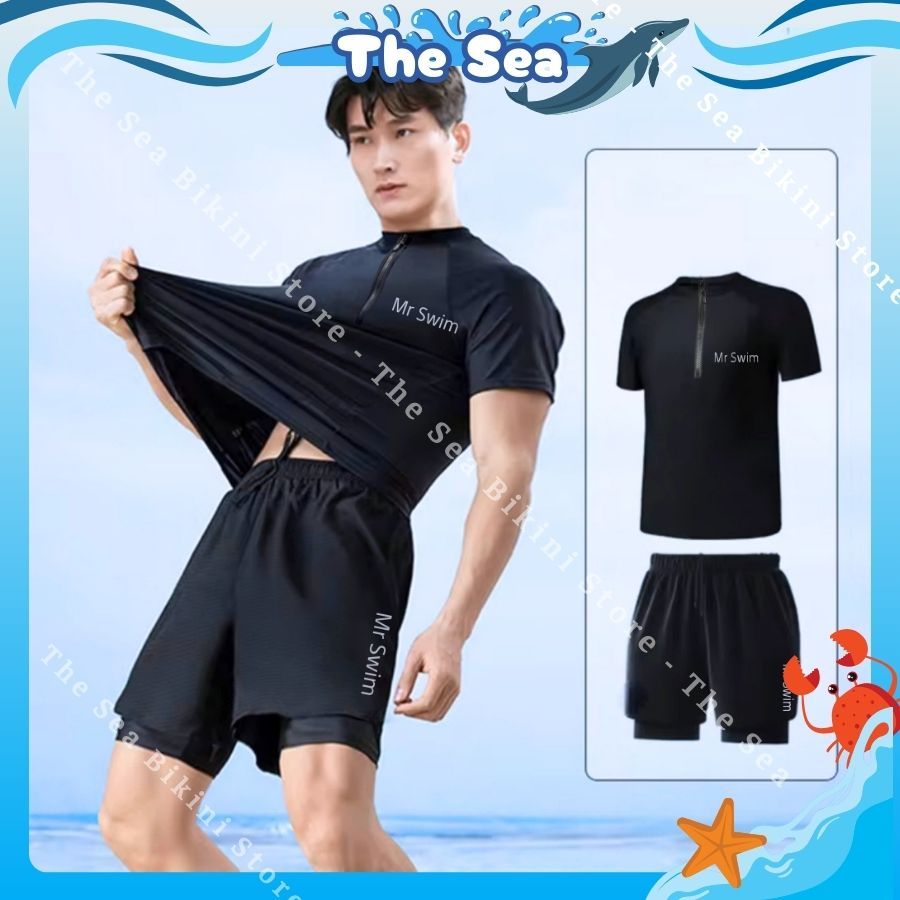 Đồ bơi nam size M - 3XL áo tay dài & tay ngắn có khóa zip kéo bộ đi biển quần đùi 2 lớp nguyên bộ màu đen The sea 044 | BigBuy360 - bigbuy360.vn