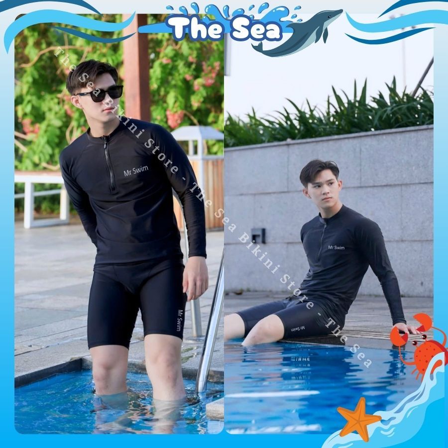 Đồ bơi nam size M - 3XL áo tay dài & tay ngắn có khóa zip kéo bộ đi biển quần đùi 2 lớp nguyên bộ màu đen The sea 044 | BigBuy360 - bigbuy360.vn