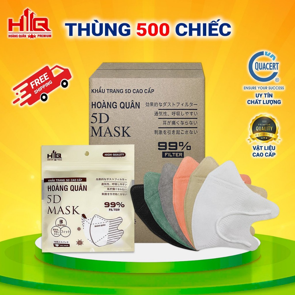 Khẩu Trang [ Thùng 400/500 Cái ] 5D Hoàng Quân Kháng Giọt , Bụi , Tia UV 3 Lớp Hàng Chính Hãng