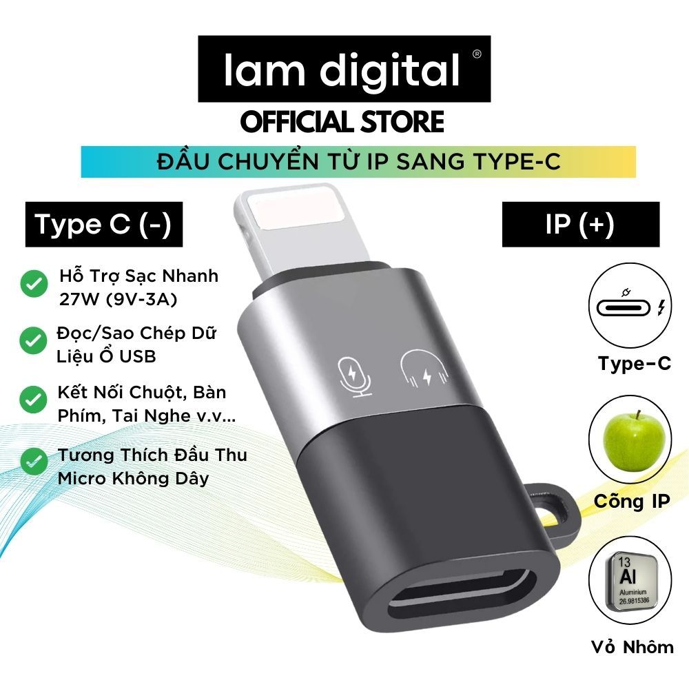 Đầu Chuyển Đổi IP Sang Type C - Dùng Để Sạc, Kết Nối Microphone, Truyền Dữ Liệu, Kết Nối DAC