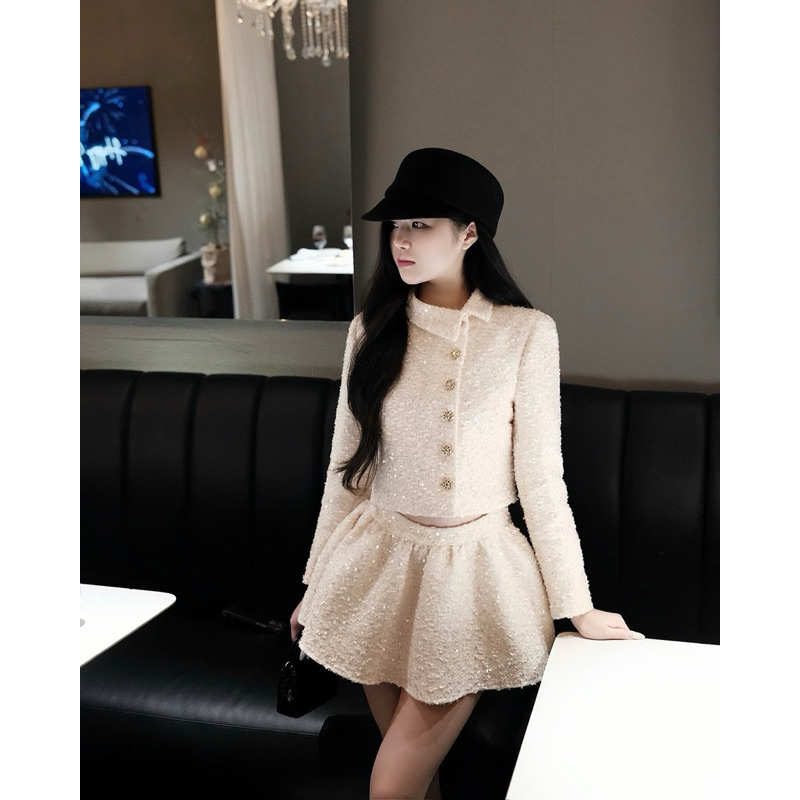 Brand Cherie - FANCY SET Áo và chân váy ánh kim phối cổ lệch tiểu thư THIẾT KẾ ĐỘC QUYỀN.