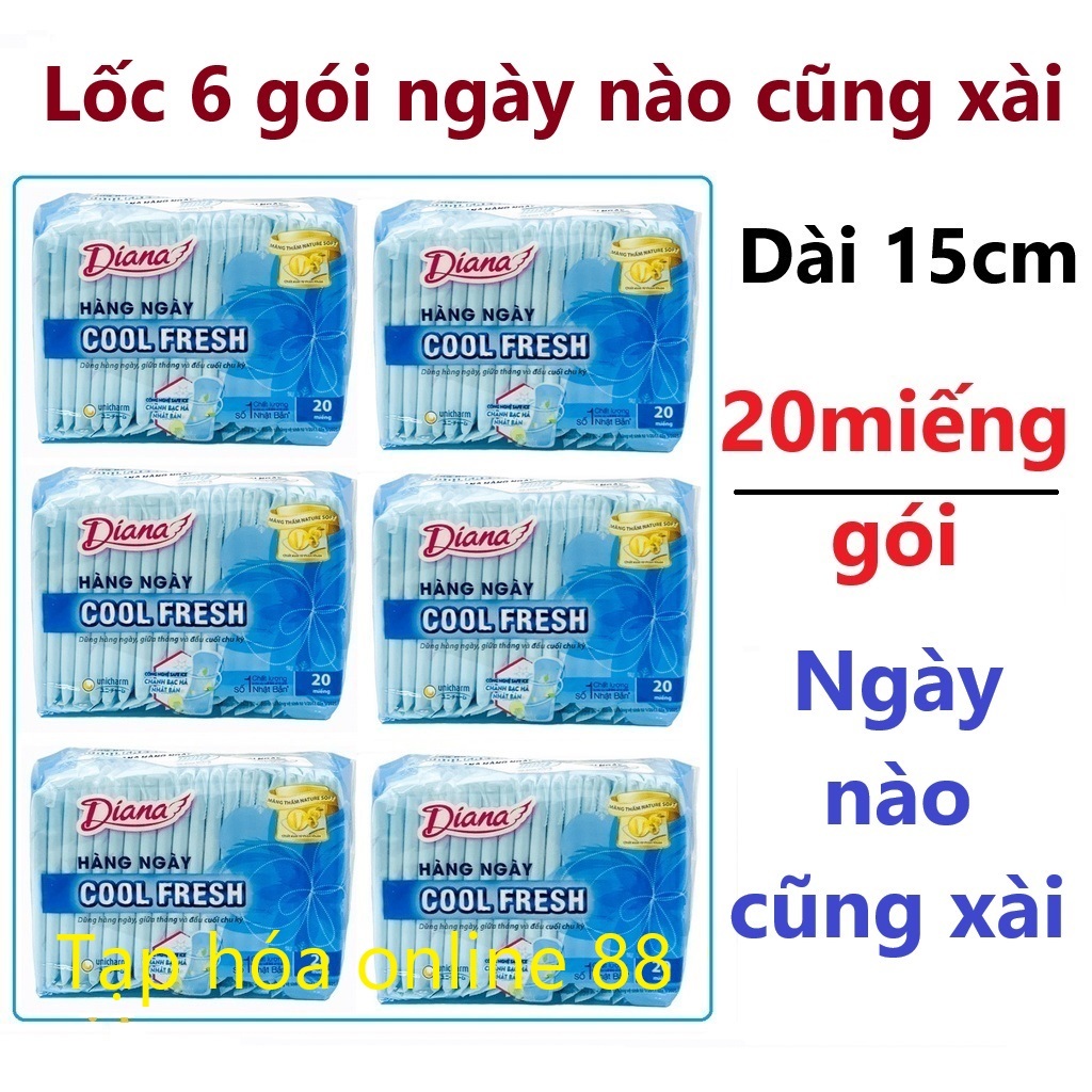 (Có che tên) Lốc 6 Gói Băng Vệ Sinh Diana Sensi Hàng Ngày Cool Fresh gói 20 miếng và sensi cool fres