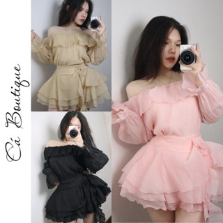 ( ảnh chính chủ )Sét Váy Trễ Vai "TƠ MỚI" tầng Tay Dài Ống Loe Phối Chân Váy Hoa Eo bông Tua Rua 3 Lớp(full lớp)