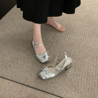  Giày cao gót mũi tròn đính nơ màu bạc đế vuông 5cm giày Mary Jane hở gót tiểu thư sang chảnh SLB1 Gogoback 