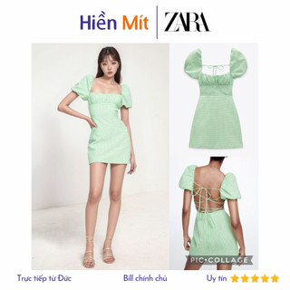 (Size XS, M) ZARA Đức - Đầm ngắn form ôm cổ vuông tay phồng ngắn sọc caro hở lưng  sale auth new tag có sẵn 7385/218