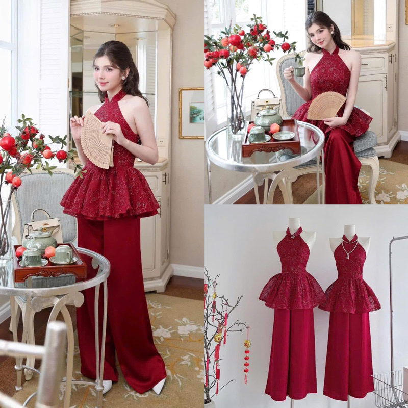 SET Áo yếm cổ tàu cách tân thêu hoa hồng tùng xòe peplum và Quần lụa đỏ cho nữ mặc tết NÀNG CLOSET