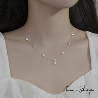 Dây chuyền Bạc cỏ 4 lá gắn đá hoa nhí nhỏ cao cấp TUNA SILVER, Vòng cổ Bạc nữ 5 charm cỏ bốn lá may mắn hoa rơi xinh xắn