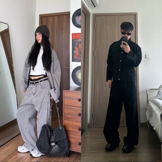 Set Jean Denim Fabulous Gồm Áo Khoác và Quần Jean Ống Rộng Form Unisex Nam Nữ, Màu Xám Cement/ Đen - 010