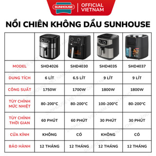 Nồi Chiên Không Dầu SUNHOUSE SHD4026/SHD4030/SHD4035/SHD4037 - 6L/6.5L/9L, Núm Vặn Cơ, Rapid Air