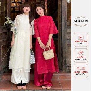 Set áo dài cách tân nữ 4 tà thêu hoa nổi MAIAN áo dài truyền thống chất voan tơ đính nơ kèm quần lụa sang chảnh S5417
